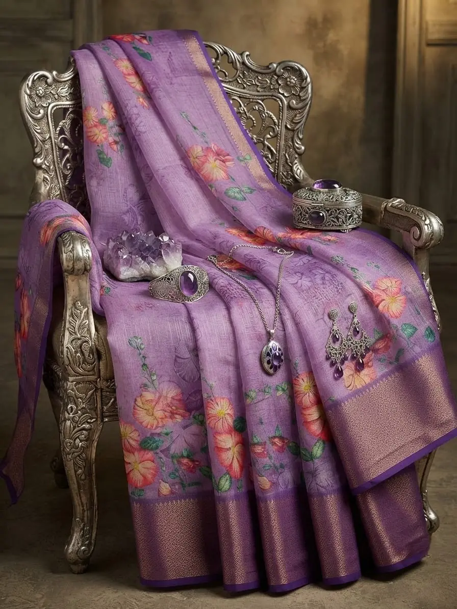 Lavender Purple Digital Dola Border Work Soft Silk Saree